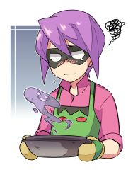 Rule 34 | 1boy, apron, blush, closed mouth, creatures (company), domino mask, elite four, frown, game freak, gen 1 pokemon, green apron, highres, kiwi of ruin, koffing, male focus, mask, mittens, nintendo, oven mitts, pokemon, pokemon (creature), pokemon hgss, popped collar, purple hair, purple shirt, shirt, short hair, sleeves rolled up, smoke, solo, squiggle, upper body, will (pokemon)