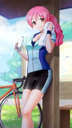 Rule 34 | 1girl, bicycle, bike shorts, black shorts, blue jacket, bottle, breasts, cleavage, closed mouth, collarbone, day, doukyuusei 2, doukyuusei another world, game cg, hair between eyes, holding, holding bottle, holding towel, jacket, katou minori, long hair, looking at viewer, medium breasts, official art, outdoors, partially unzipped, pink hair, ponytail, red eyes, short shorts, short sleeves, shorts, smile, solo, standing, towel, white towel