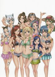 Rule 34 | absurdres, animal ears, artbook, bikini, bisca mulan, blonde hair, blue eyes, blue hair, breasts, brown eyes, brown hair, cana alberona, cat ears, erza scarlet, evergreen (fairy tail), fairy tail, glasses on head, green hair, hair ornament, highres, juvia lockser, large breasts, levy mcgarden, lisanna strauss, long hair, lucy heartfilia, mashima hiro, medium breasts, mirajane strauss, multiple girls, official art, red hair, ribbon, short hair, simple background, swimsuit, tattoo, twintails, wendy marvell, white background, white hair