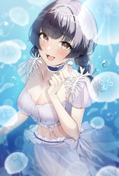 Rule 34 | 1girl, absurdres, black hair, blue choker, blush, bow, braid, breasts, choker, cleavage, collarbone, commentary request, cropped shirt, earrings, gawawawa, hand up, highres, idolmaster, idolmaster shiny colors, jewelry, lace, lace choker, large breasts, long hair, looking at viewer, looking up, low twintails, mayuzumi fuyuko, navel, open mouth, pink eyes, see-through, shirt, short sleeves, smile, solo, stomach, stud earrings, twin braids, twintails, white bow, white shirt