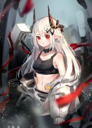 Rule 34 | 1girl, arknights, artist name, bare shoulders, blurry, blurry foreground, breasts, cleavage, collarbone, commentary, dated, depth of field, english commentary, hair ornament, highres, horns, jumpsuit, kobutanori, long hair, long sleeves, looking at viewer, medium breasts, mudrock (arknights), navel, off shoulder, parted lips, pointy ears, puffy long sleeves, puffy sleeves, red eyes, red ribbon, ribbon, sleeves past fingers, sleeves past wrists, solo, very long hair, white hair, white jumpsuit