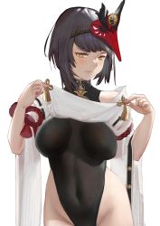 Rule 34 | 1girl, absurdres, bare hips, bare shoulders, black hair, black leotard, blush, breast curtains, breasts, breasts apart, closed mouth, clothes lift, covered navel, cowboy shot, detached sleeves, genshin impact, highleg, highleg leotard, highres, kujou sara, large breasts, leotard, lifted by self, long sleeves, looking away, looking to the side, mask, mask on head, ru03s06, short hair, simple background, solo, tassel, v-shaped eyebrows, white background, wide sleeves, yellow eyes