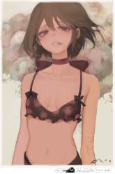 Rule 34 | 1girl, black bra, bra, breasts, brown eyes, brown hair, bruise, bruise on face, choker, floral print, flower, freng, injury, korean commentary, lips, mole, mole on breast, original, parted lips, ribbon choker, short hair, simple background, small breasts, solo, syringe, underwear, upper body
