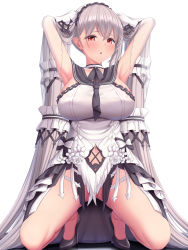 Rule 34 | 1girl, absurdres, armpits, arms behind head, arms up, azur lane, bare shoulders, blush, breasts, clothing cutout, dress, formidable (azur lane), formidable (timeless classics) (azur lane), grey hair, highres, large breasts, long hair, looking at viewer, melopun, navel, navel cutout, official alternate costume, open mouth, red eyes, solo, squatting, thighs, twintails, very long hair, white dress