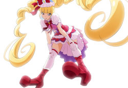 Rule 34 | 1girl, aisaki emiru, blonde hair, blunt bangs, boots, cure macherie, dress, fuchi (nightmare), gloves, hugtto! precure, knee boots, long hair, looking at viewer, looking down, pink dress, pink footwear, precure, puffy short sleeves, puffy sleeves, red eyes, short sleeves, simple background, smile, solo, thighhighs, twintails, very long hair, white background, white gloves, white thighhighs