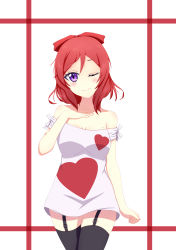 Rule 34 | 10s, 1girl, absurdres, black thighhighs, breasts, cleavage, dress shirt, garter straps, heart, highres, looking at viewer, love live!, love live! school idol project, mole, mole on breast, nishikino maki, one eye closed, purple eyes, red hair, rumaki, shirt, short hair, smile, solo, standing, thighhighs, wink