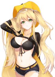 Rule 34 | 1girl, absurdres, azur lane, belt, bikini, bikini top only, blonde hair, blush, breasts, cleavage, clip studio paint (medium), coat, cowboy hat, green eyes, hat, highres, hornet (azur lane), karla (kimidori3), large breasts, long hair, looking at viewer, micro shorts, multicolored coat, navel, shorts, solo, swimsuit, twintails, two-tone coat, very long hair, white background, yellow belt