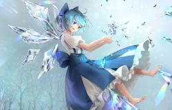 Rule 34 | 1girl, :d, ahoge, bare tree, barefoot, blue bow, blue eyes, blue hair, blue skirt, blush, bow, cirno, commentary request, floating, hair bow, head tilt, ice, ice wings, open mouth, petticoat, puffy short sleeves, puffy sleeves, shironeko yuuki, shirt, short hair, short sleeves, skirt, smile, solo, suspender skirt, suspenders, touhou, tree, white shirt, wings
