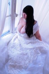 Rule 34 | 1girl, asian, black hair, breasts, cleavage, corsage, curtains, dress, fat, hair ornament, hoshima mika, huge breasts, jewelry, sagging breasts, long hair, necklace, photo (medium), plump, solo, star (symbol), wedding dress, window