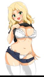 Rule 34 | 1girl, absurdres, blonde hair, breasts, cameltoe, clothes lift, denim, denim shorts, girls und panzer, green eyes, highres, kay (girls und panzer), large breasts, lifted by self, lingerie, long hair, looking at viewer, navel, open clothes, open mouth, open shorts, shirt lift, shorts, solo, thighhighs, umeta shirisuke, underwear
