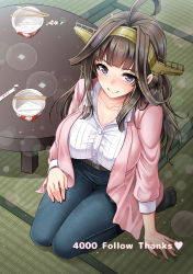 Rule 34 | 10s, 1girl, absurdres, ahoge, alternate costume, belt, black socks, blunt bangs, blush, breasts, brown hair, buttons, casual, chopsticks, closed mouth, collarbone, cup ramen, denim, from above, full body, headgear, heart, highres, indoors, jacket, jeans, kantai collection, kongou (kancolle), large breasts, light particles, long hair, long sleeves, looking at viewer, looking up, md5 mismatch, open clothes, open jacket, pants, perspective, pink jacket, purple eyes, resolution mismatch, seiza, shirt, sidelocks, sitting, smile, socks, solo, source smaller, striped, table, tatami, thank you, vertical stripes, white shirt, youshuu
