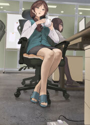 Rule 34 | 2girls, absurdres, black pantyhose, black skirt, blue footwear, blue vest, brown eyes, brown hair, brown pantyhose, carpet, chair, crossed ankles, cup, desk, electric plug, electrical outlet, full body, glasses, hair over shoulder, hair tie, highres, holding, holding cup, indoors, long hair, long sleeves, looking at viewer, mature female, monitor, multiple girls, office, office chair, office lady, on chair, open mouth, original, pantyhose, pencil skirt, sandals, shirt, sitting, skirt, slippers, steam, swivel chair, vest, white shirt, whiteboard, yewang19