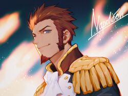 Rule 34 | 1boy, absurdres, blue eyes, brown hair, closed mouth, epaulettes, facial hair, fate/grand order, fate (series), goatee, highres, long sideburns, long sleeves, looking to the side, male focus, military, military uniform, napoleon bonaparte (fate), nunok, short hair, sideburns, smile, solo, uniform, upper body