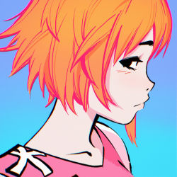 Rule 34 | 1girl, alternate hair color, black eyes, blue background, blush, character request, close-up, closed mouth, gorillaz, gradient background, highres, ilya kuvshinov, looking at viewer, orange hair, profile, short hair, solo, tank top