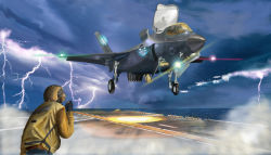 Rule 34 | aircraft, aircraft carrier, airplane, bad id, bad pixiv id, cloud, day, f-35, f-35 lightning ii, fighter jet, flying, helmet, i.t.o daynamics, jet, landing, lightning, lightning bolt symbol, military, military vehicle, ocean, real life, realistic, roundel, ship, storm, united states, vehicle focus, vtol, warship, watercraft