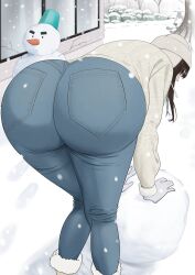 Rule 34 | 1girl, ass, ass focus, bent over, black hair, boots, cigarette, coat, denim, from behind, gloves, hat, highres, huge ass, jeans, leaning, leaning forward, long hair, looking at viewer, looking back, original, pants, remomon0, snow, snowing, snowman, solo