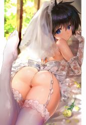 Rule 34 | 1girl, ass, back, bare shoulders, blue eyes, blue hair, bow, bridal veil, dress, elbow gloves, feet, flower, garter straps, genderswap, genderswap (mtf), gloves, highres, houshin engi, lace, lace gloves, leg up, legs up, looking at viewer, looking back, lying, mimoza (96mimo414), on stomach, solo, taikoubou, thick thighs, thighhighs, thighs, thong, veil, wedding dress, white thighhighs