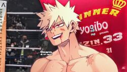 Rule 34 | 1boy, bakugou katsuki, blonde hair, blood, blood on face, boku no hero academia, boxing ring, highres, injury, male focus, muscular, muscular male, niverins, pectorals, red eyes, scar, scar on chest, solo focus, spiked hair