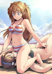 Rule 34 | 2girls, alternate breast size, beach, between legs, bikini, bikini top only, blue eyes, bottomless, breasts, brown hair, cleavage, cunnilingus, cunnilingus through clothes, curvy, defeat, female pubic hair, fingering, glasses, jelly shrimp, large breasts, legs, long hair, looking at another, lying, makinami mari illustrious, multiple girls, neon genesis evangelion, on back, oral, outdoors, pubic hair, pubic hair pull, rebuild of evangelion, sexually suggestive, sitting, sitting on face, sitting on person, souryuu asuka langley, striped bikini, striped clothes, sweat, swimsuit, unworn bikini bottom, very long hair, wide hips, wrestling, yuri