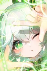 Rule 34 | 1girl, blush, cross-shaped pupils, genshin impact, gradient hair, green eyes, grey hair, hair between eyes, hair ornament, highres, long hair, looking at viewer, multicolored hair, nahida (genshin impact), one eye closed, parted lips, pistachiocream, pointy ears, side ponytail, solo, symbol-shaped pupils