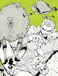 Rule 34 | 1girl, 3boys, absurdres, aged down, baby 5, black dress, black hair, blonde hair, bow, buffalo (one piece), capri pants, child, collared shirt, dellinger (one piece), donquixote doflamingo, dress, feather coat, green background, hair bow, highres, horns, leg hair, long hair, lying, male focus, monochrome, multiple boys, necktie, nowosuke, on back, one piece, pants, partially colored, running, shirt, short hair, smile, sunglasses, toddler, variations, white necktie