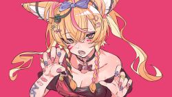 Rule 34 | 1girl, absurdres, animal (vocaloid), animal ear fluff, animal ears, bandaid, bandaid on arm, bare shoulders, black choker, black shirt, blonde hair, blue nails, blush, bow, braid, breasts, character hair ornament, choker, claw pose, cleavage, collarbone, commentary request, drooling, facial mark, fingernails, fox ears, fox girl, hair between eyes, hair bow, hair ornament, hairclip, heart, heart hair ornament, highres, hololive, jewelry, kakult2017, long hair, looking at viewer, medium breasts, multicolored hair, multicolored nails, nail polish, official art, omaru polka, open mouth, overalls, pink hair, pink nails, purple bow, purple eyes, red background, red overalls, ring, saliva, shirt, solo, streaked hair, teeth, twin braids, twintails, virtual youtuber, vocaloid, zain (omaru polka)