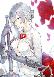Rule 34 | 1girl, asymmetrical hair, bad id, bad pixiv id, blue eyes, blurry, breasts, cleavage, closed mouth, covered navel, depth of field, dress, flower, gloves, grey gloves, hair between eyes, large breasts, nonomaro, red flower, red rose, rose, sidelocks, silver hair, sinoalice, snow white (sinoalice), solo, upper body, white dress