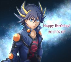 Rule 34 | 1boy, 2017, black shirt, blue eyes, blue hair, blue jacket, collarbone, dated, facial mark, fudo yusei, hair between eyes, hands on own hips, happy birthday, streaked hair, jacket, looking at viewer, male focus, mitsucho, multicolored hair, open clothes, open jacket, print shirt, shirt, sky, smile, solo, spiked hair, star (sky), starry sky, two-tone hair, upper body, yu-gi-oh!, yu-gi-oh! 5d&#039;s
