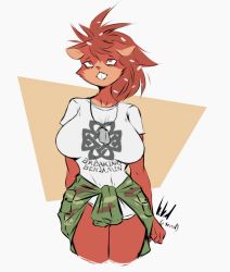 Rule 34 | breasts, clothes around waist, dullvivid, flaky (happy tree friends), furry, furry female, happy tree friends, hedgehog, hedgehog girl, highres, jacket, jacket around waist, long hair, looking up, red eyes, red fur, red hair