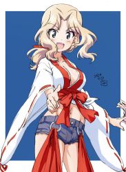 Rule 34 | 1girl, :d, alternate hairstyle, artist logo, blonde hair, blue background, blue eyes, blue shorts, breasts, cleavage, commentary, cowboy shot, cutoffs, dated, erakin, girls und panzer, hair intakes, hair ribbon, highres, holding, kay (girls und panzer), long hair, long sleeves, looking at viewer, medium breasts, micro shorts, midriff, nontraditional miko, o-ring, ofuda, open mouth, outside border, pointing, pointing at viewer, ponytail, red ribbon, ribbon, ribbon-trimmed sleeves, ribbon trim, shirt, shorts, smile, solo, standing, v-shaped eyebrows, white shirt, wide sleeves