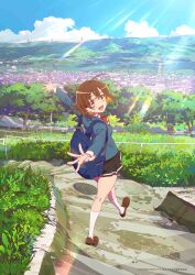 Rule 34 | 1girl, absurdres, ahoge, backpack, bag, black skirt, blue jacket, blue sky, brown eyes, brown footwear, brown hair, building, cityscape, cloud, collared shirt, colored inner hair, day, grass, hair between eyes, highres, hill, jacket, key visual, leaf, lens flare, loafers, looking at viewer, multicolored hair, nanare hananare, official art, open mouth, orange hair, outdoors, outstretched arms, promotional art, school uniform, shirt, shoes, short hair, skirt, sky, smile, socks, solo, stairs, standing, tree, two-tone hair, walking, white shirt, white socks