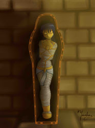 Rule 34 | 1girl, absurdres, bandages, bdsm, belt, blindfold, blindfolded, blue hair, bondage, bound, bound arms, bound legs, full body, gag, gagged, harness, highres, in container, jewelry, legs together, long hair, mask, mummification, mummy, saotome rei, sarcophagus, sash, scarab, sensory deprivation, wig, wrapped up, yu-gi-oh!, yu-gi-oh! gx