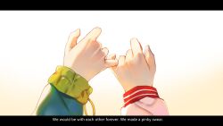 Rule 34 | 2girls, azusawa kohane, english text, fingernails, hand focus, highres, jingzhaowhale, letterboxed, long sleeves, multiple girls, out of frame, pinky swear, project sekai, shiraishi an, tagme