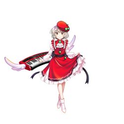 Rule 34 | 1girl, beret, closed mouth, frilled skirt, frills, full body, grey hair, hat, hat ornament, highres, instrument, keyboard (instrument), long sleeves, looking at viewer, lyrica prismriver, red hat, red skirt, rotte (1109), short hair, simple background, skirt, smile, socks, solo, star (symbol), star hat ornament, third-party source, touhou, touhou lostword, white background, white socks, yellow eyes