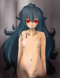 Rule 34 | 1girl, blue hair, breasts, flat chest, long hair, nipples, nude, original, red eyes, small breasts, solo, standing, yamazaki kazu