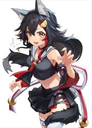 Rule 34 | 1girl, animal ears, armpits, bare shoulders, black hair, black shirt, black skirt, breasts, choker, claw pose, cowboy shot, crop top, detached sleeves, floating hair, hair ornament, highres, hololive, kito koruta, long hair, looking at viewer, medium breasts, midriff, miniskirt, multicolored hair, navel, necktie, ookami mio, ookami mio (1st costume), pleated skirt, red choker, sailor collar, shirt, side slit, simple background, skirt, solo, standing, stomach, streaked hair, tail, thighhighs, virtual youtuber, white background, white thighhighs, wolf ears, wolf girl, wolf tail, zettai ryouiki