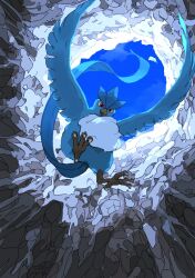 Rule 34 | animal focus, aomon (yuuji7604), articuno, bird, blue sky, commentary, creatures (company), flying, from below, game freak, gen 1 pokemon, glacier, highres, legendary pokemon, looking at viewer, looking down, nintendo, no humans, outdoors, pokemon, pokemon (creature), red eyes, sky, talons