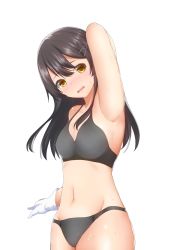 Rule 34 | 10s, 1girl, alternate costume, arm up, armpits, black bra, black hair, black panties, blush, bra, breasts, brown hair, eyebrows, gloves, hair ornament, hairclip, highres, kantai collection, long hair, looking at viewer, navel, open mouth, oyashio (kancolle), panties, simple background, solo, sweat, underwear, underwear only, white background, white gloves, yellow eyes, yutarahha