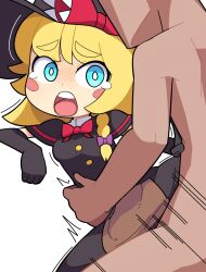 Rule 34 | 1boy, 1girl, apron, black capelet, black gloves, black headwear, black skirt, black vest, blonde hair, blue eyes, blush, blush stickers, bow, bowtie, breasts, bright pupils, brown apron, buttons, capelet, clothed female nude male, clothed sex, commentary, cookie (touhou), elbow gloves, feet out of frame, gloves, hat, hetero, highres, hospital king, kirisame marisa, medium bangs, medium breasts, medium hair, meguru (cookie), motion lines, nude, open mouth, red bow, red bowtie, sex, simple background, skirt, solo focus, tearing up, teeth, thick eyebrows, tongue, tongue out, touhou, upper teeth only, vest, waist apron, white background, white pupils, witch hat