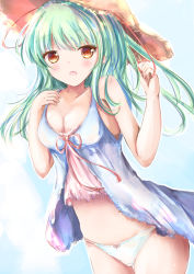 Rule 34 | bare arms, bare shoulders, blue dress, blush, bow, bow panties, breasts, brown eyes, brown hat, cleavage, collarbone, commentary request, cowboy shot, dress, green hair, hands up, hat, highres, long hair, medium breasts, open mouth, original, panties, shihou haru, sleeveless, sleeveless dress, solo, straw hat, thigh gap, underwear, white panties