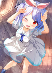 Rule 34 | 1girl, ;d, animal ears, arms up, blue footwear, blue hair, blue ribbon, blush, breasts, carrot hair ornament, chinomaron, collarbone, commentary request, day, dress, feet out of frame, food-themed hair ornament, hair ornament, hair ribbon, highres, hololive, indoors, looking at viewer, medium breasts, one eye closed, open mouth, puffy short sleeves, puffy sleeves, rabbit ears, red eyes, ribbon, shoes, short sleeves, signature, smile, solo, standing, sunlight, two side up, usada pekora, usada pekora (casual), virtual youtuber, white dress, wooden floor