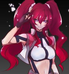 Rule 34 | 10s, 1girl, cross ange, fingerless gloves, gloves, hilda (cross ange), kano penguin, long hair, looking at viewer, midriff, navel, purple eyes, red hair, salute, smile, solo, twintails