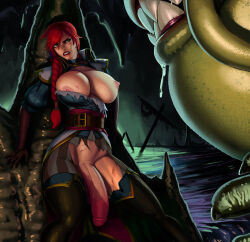 aka6 braid breasts clenched_teeth curvy futanari green_eyes highres huge_breasts huge_penis large_breasts league_of_legends monster one_breast_out penis red_hair red_lips saliva scar scared scratches sharp_teeth sweat tahm_kench teeth torn_clothes veins veiny_penis