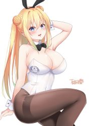 Rule 34 | 1girl, animal ears, artist logo, black bow, black bowtie, black pantyhose, blonde hair, blue eyes, bow, bowtie, breasts, cleavage, commentary request, cowboy shot, detached collar, double bun, hair bun, highres, ineedu041 tako, invisible chair, large breasts, leotard, long hair, looking at viewer, original, pantyhose, playboy bunny, rabbit ears, simple background, sitting, solo, strapless, strapless leotard, thighband pantyhose, white background, white leotard, wrist cuffs