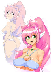 Rule 34 | 1girl, ass, fangs, green eyes, highres, looking at viewer, open mouth, original, pink hair, ryoi, simple background, solo, tagme, white background