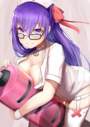 Rule 34 | 1girl, bb (bb shot!) (fate), bb (fate), black-framed eyewear, blush, breasts, choker, cleavage, closed mouth, collarbone, dress, fate/extra, fate/extra ccc, fate/grand order, fate (series), garter straps, glasses, hair between eyes, hair ribbon, hat, highres, holding, holding syringe, large breasts, large syringe, long hair, looking at viewer, nanakaku, nurse, nurse cap, oversized object, pink ribbon, purple eyes, purple hair, ribbon, short dress, short sleeves, smile, solo, syringe, thighs, very long hair, white choker, white dress, white hat, white legwear, wrist cuffs