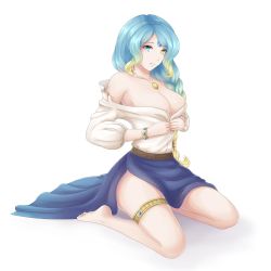 Rule 34 | 1girl, absurdres, alternate eye color, belt, blonde hair, blue eyes, blue hair, blue skirt, bracelet, braid, braided ponytail, breasts, brown belt, citrine (gemstone), cleavage, feet, gem, highres, jewelry, large breasts, long hair, looking at viewer, necklace, open mouth, rubycube, seiza, shirt, sitting, skirt, smile, solo, tate no yuusha no nariagari, therese alexanderite, thighs, unbuttoned, unbuttoned shirt, undressing, white background, white shirt, yellow eyes