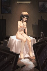 Rule 34 | 1girl, absurdres, blush, breasts, brown hair, closed mouth, completely nude, easel, embarrassed, frown, highres, indoors, light particles, long hair, medium breasts, modeling, navel, nipples, nude, nude modeling, original, sitting, solo, tile floor, tiles, zhadanzhawugui