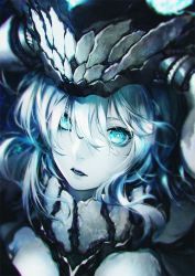 Rule 34 | 10s, 1girl, abyssal ship, blue eyes, chromatic aberration, colored skin, glowing, glowing eyes, hat, highres, kantai collection, kodama (wa-ka-me), looking at viewer, monochrome, open mouth, portrait, resized, solo, tentacles, third-party source, upper body, upscaled, white hair, white skin, wo-class aircraft carrier