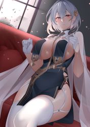 Rule 34 | 1girl, azur lane, braid, breast curtains, breasts, chichikoucha, china dress, chinese clothes, cleavage, couch, dress, dutch angle, falling petals, flower, from below, garter straps, gloves, grey hair, hair between eyes, hair flower, hair ornament, half gloves, highres, indoors, large breasts, looking at viewer, looking down, official alternate costume, pelvic curtain, petals, pink eyes, revealing clothes, see-through, short hair, side braid, sirius (azur lane), sirius (azure horizons) (azur lane), sitting, solo, thighhighs, thighs, white gloves, white thighhighs, window
